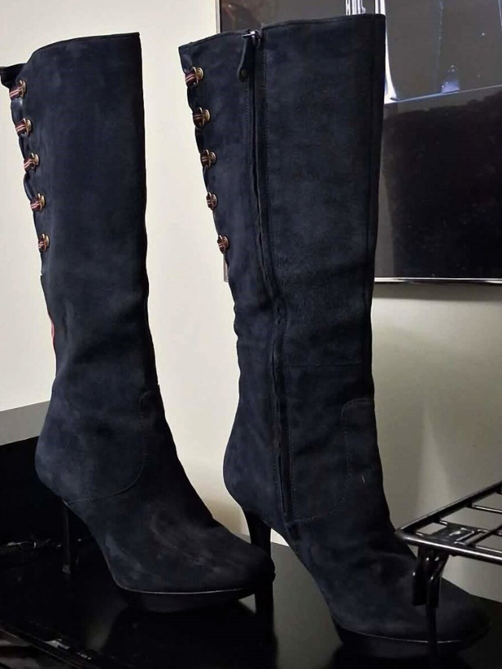 Rockport Luciana Navy Blue Premium Genuine Suede Leather Corset Knee High Boots